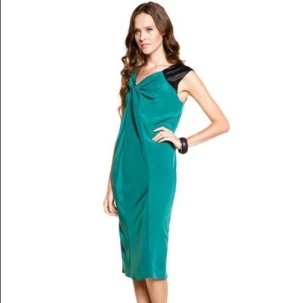 Poleci Cocktail Green Midi Dress with Leather Details 4 NWOT